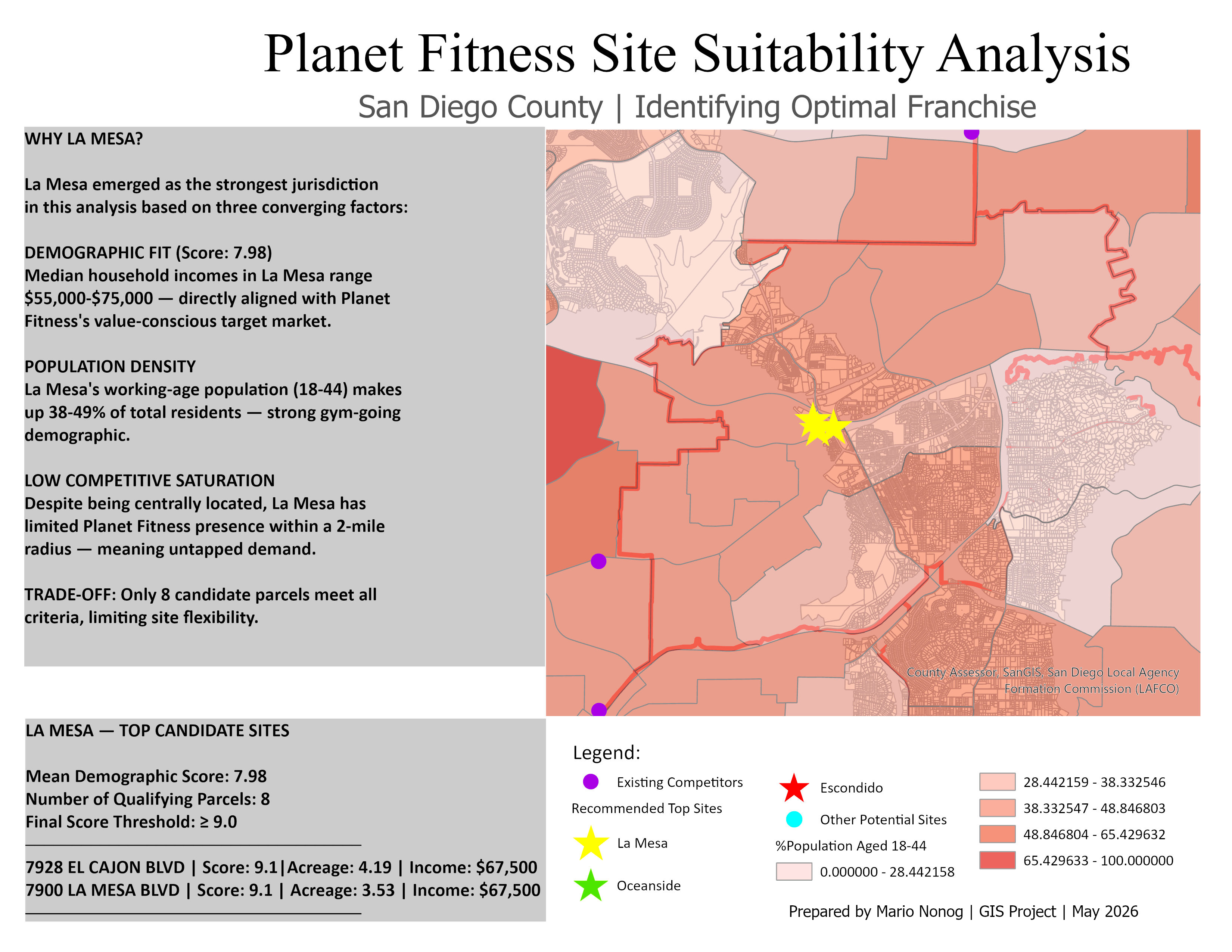 La Mesa recommended sites overlaid on the demographic heat map.
