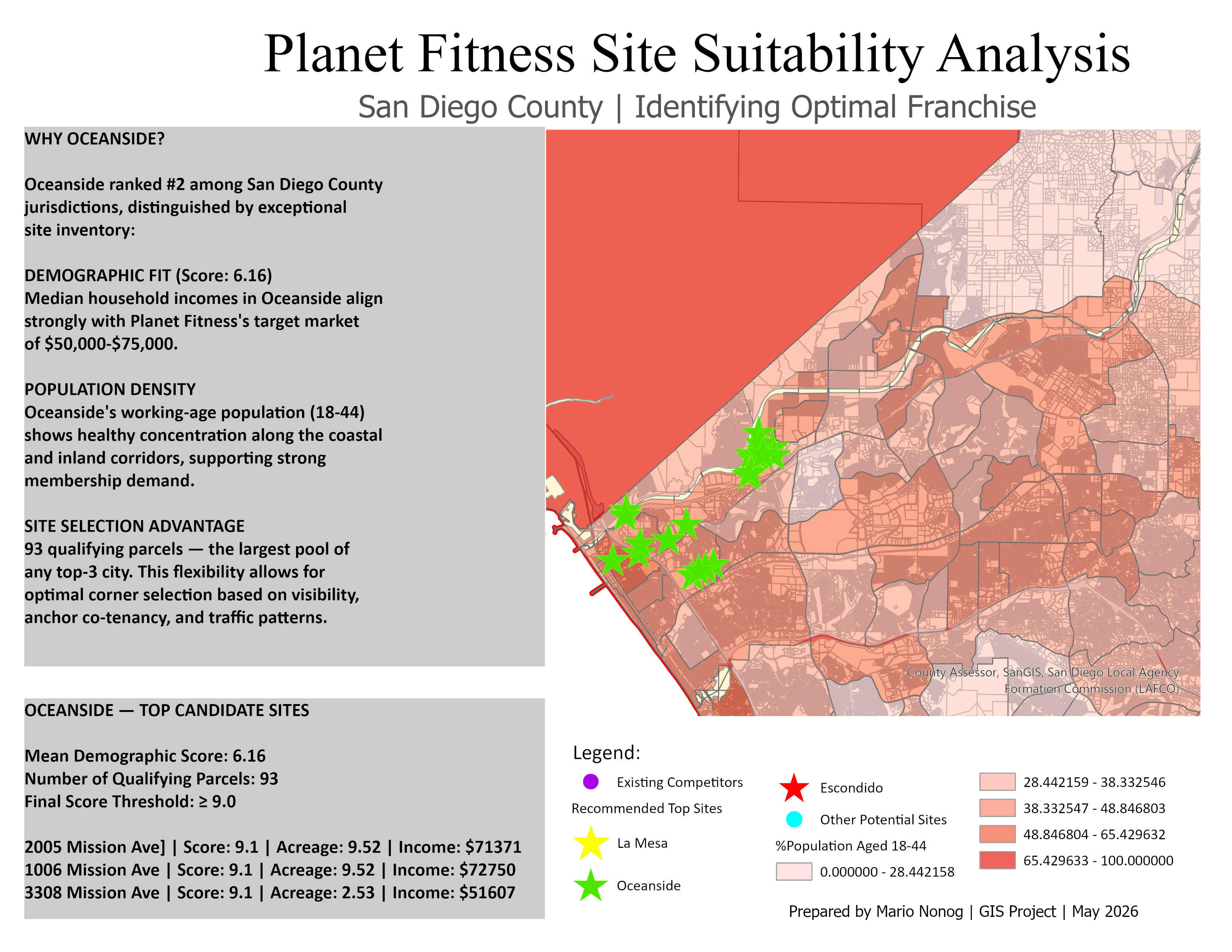 Oceanside recommended sites overlaid on the demographic heat map.