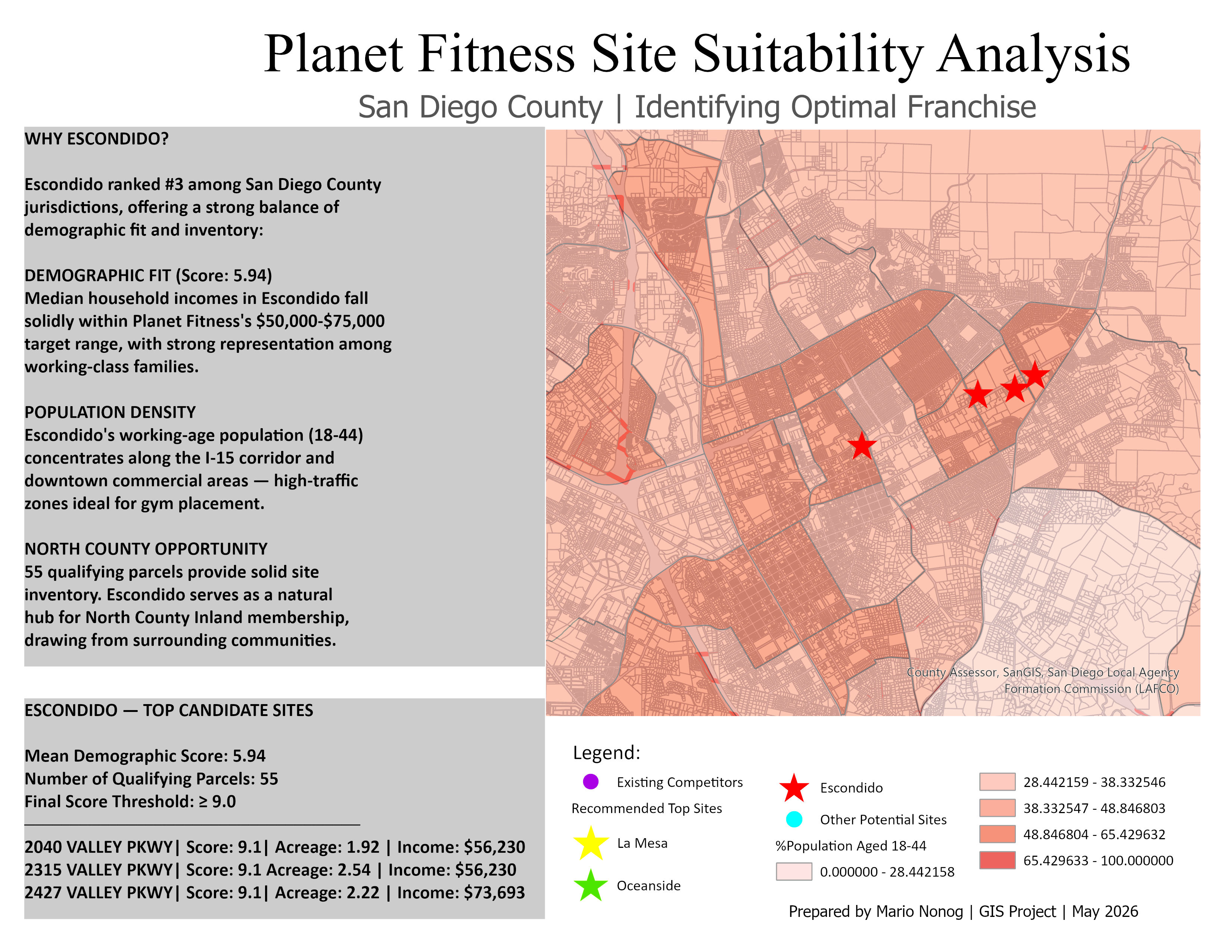 Escondido recommended sites overlaid on the demographic heat map.